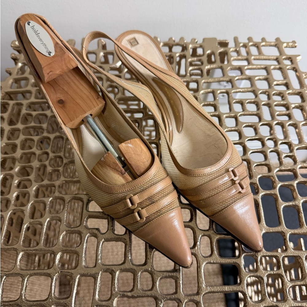 Alessandro Dell’Acqua Italian Slingback Kitten Heels Tan Leather Raffia EU 38